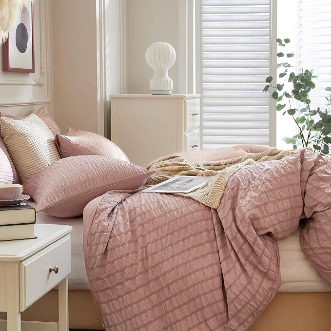 JELLYMONI Smokey Pink Duvet Cover Twin Size, Soft Breathable Seersucker Duvet - Image 7