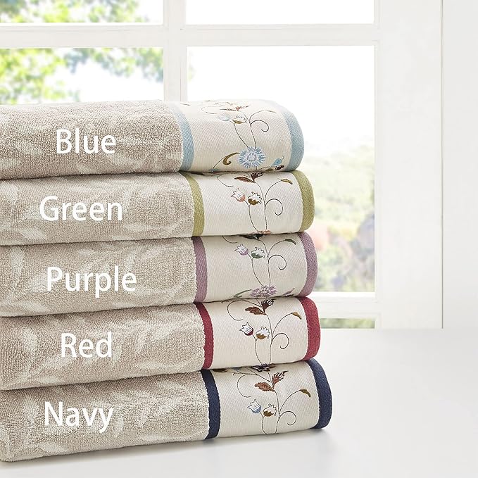Madison Park Serene 100% Cotton Bath Towel Set Luxurious Floral Decorative - Image 5