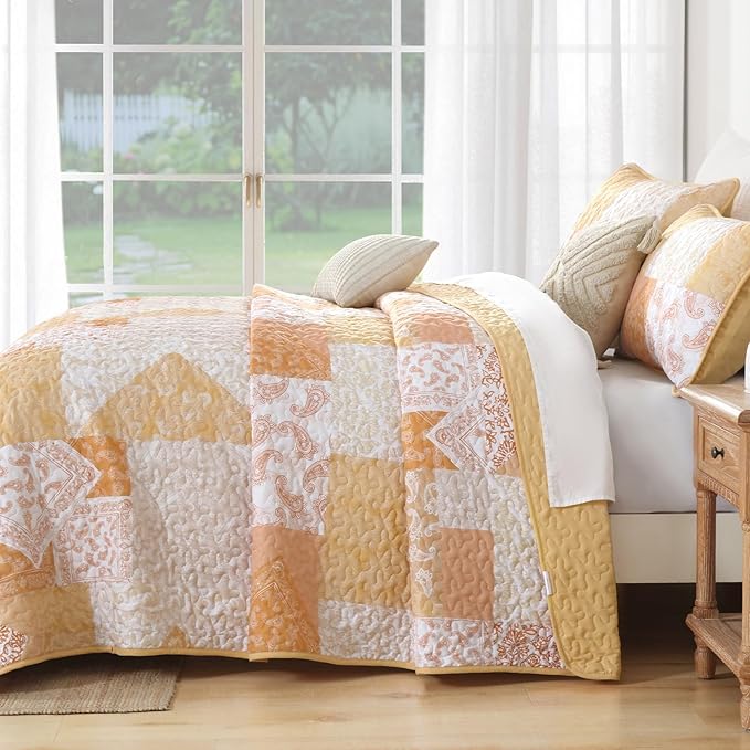 Mybedsoul Yellow Patchwork Quilts Queen Size, Soft Paisley Floral Queen - Image 5