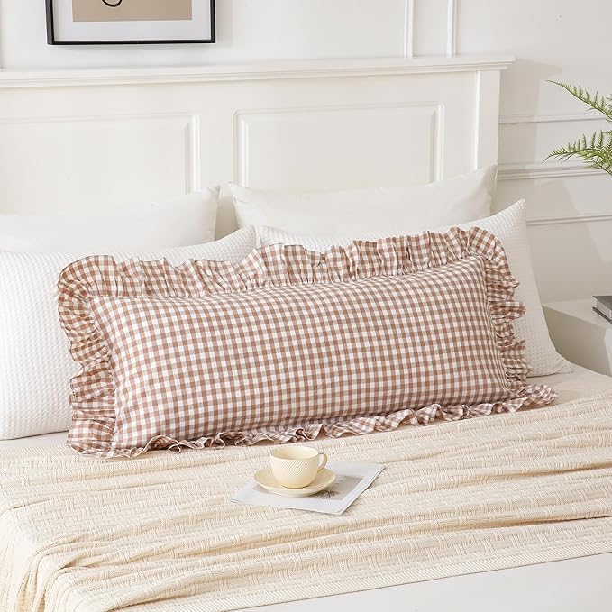 14x36 inches Taupe Plaid Ruffle Gingham Lumbar Throw Pillow Cover, Pure Cotton by Qilunn