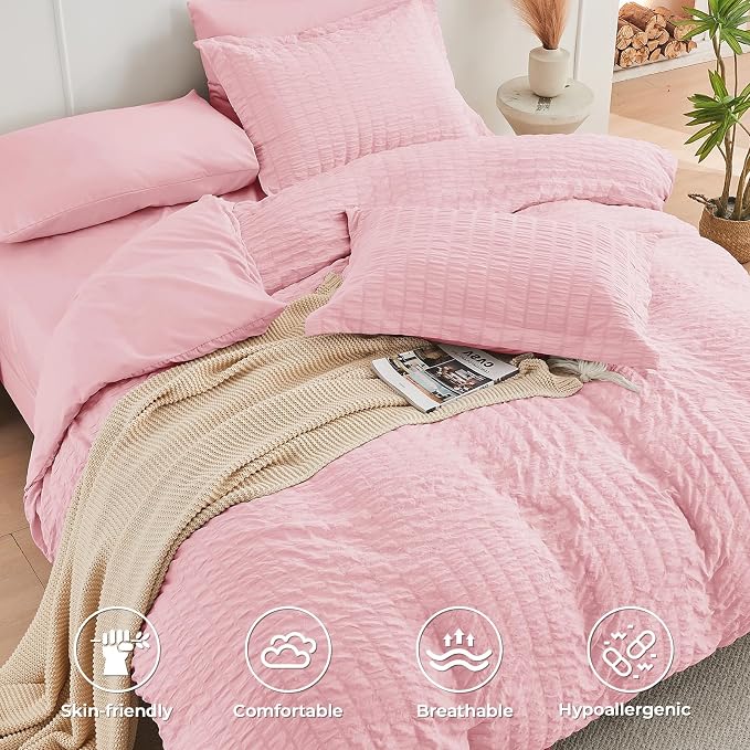 HYMOKEGE Pink Queen Comforter Set Seersucker 7 Pieces, All Season Luxury Bed in - Image 3
