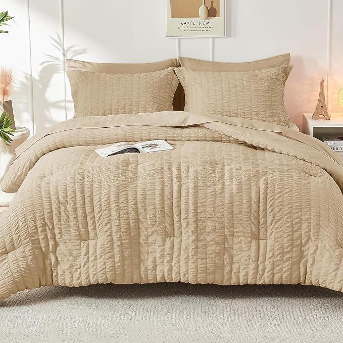 HYMOKEGE Khaki California King Comforter Set Seersucker 7 Pieces, All Season - Image 9