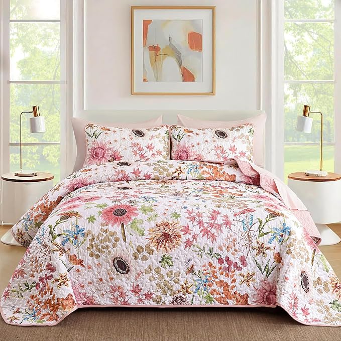 Yiran Pink Floral Quilts Queen Size, Sunflower Botanical Bedspread Bedding Set by Yiran