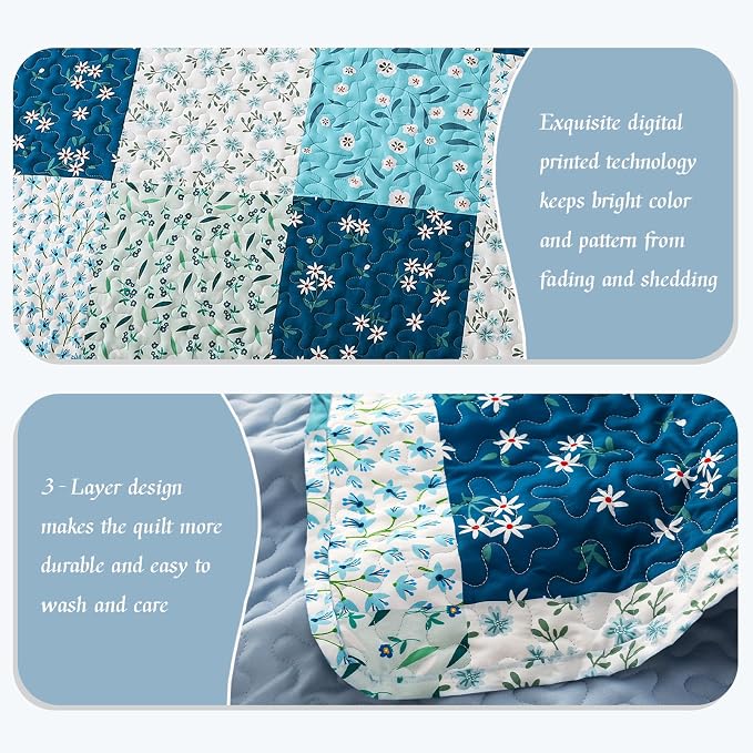 Whale Flotilla Patchwork Quilt Twin Size, Extra Soft Boho Floral Bedspreads - Image 3