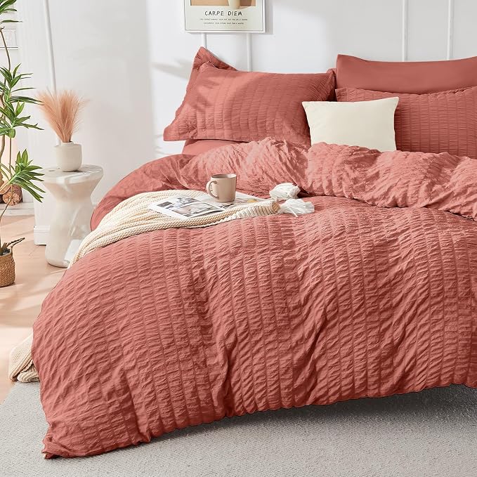 HYMOKEGE Coral California King Comforter Set Seersucker 7 Pieces, All Season - Image 2