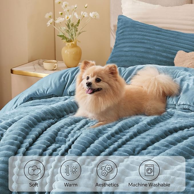 BEDELITE Fleece Queen Comforter Set -Super Soft & Warm Fluffy Blue Fog Bedding - Image 3