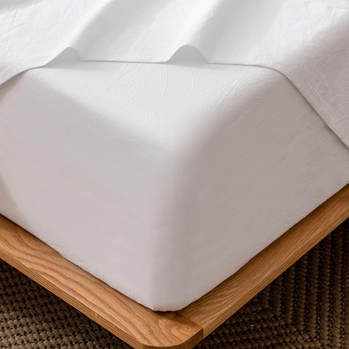 MooMee Fitted Bottom Sheet Only 100% Washed Cotton Linen Like Breathable by MOOMEE