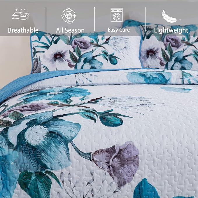 Floral Quilt Set Queen 3 Pieces Boho Blue Floral Quilt Coverlet Set Soft - Image 3