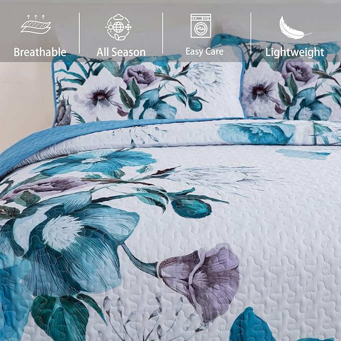 Floral Quilt Set King 3 Pieces Boho Blue Floral Quilt Coverlet Set Soft - Image 3