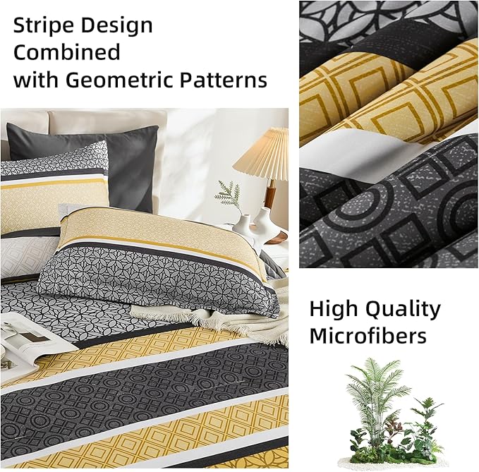 WONGS BEDDING Yellow Grey King Comforter Set 7 Pieces, Boho Striped Bed in a - Image 7