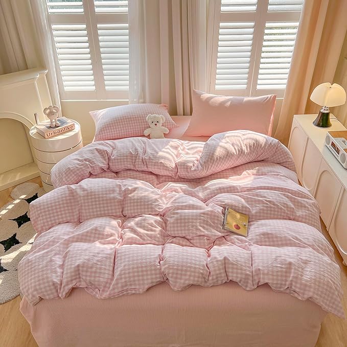 mixinni Light Pink Gingham Duvet Cover Set Twin XL Size - Image 2