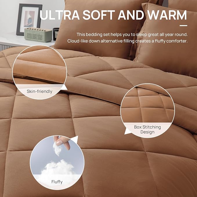 Love's cabin King Size Comforter Set Mocha Mousse, 7 Pieces King Bed in a Bag - Image 7