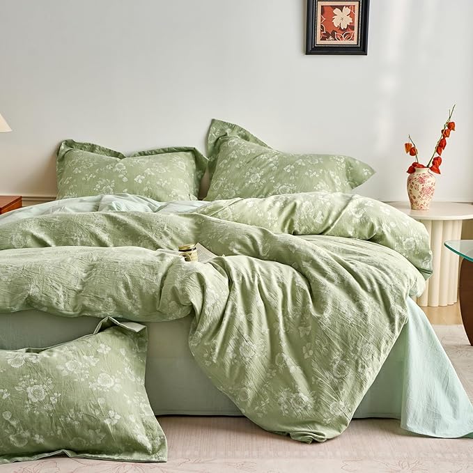 mixinni 100% Washed Cotton Cover Set, Reversible Vintage Green Floral Butterfly by mixinni