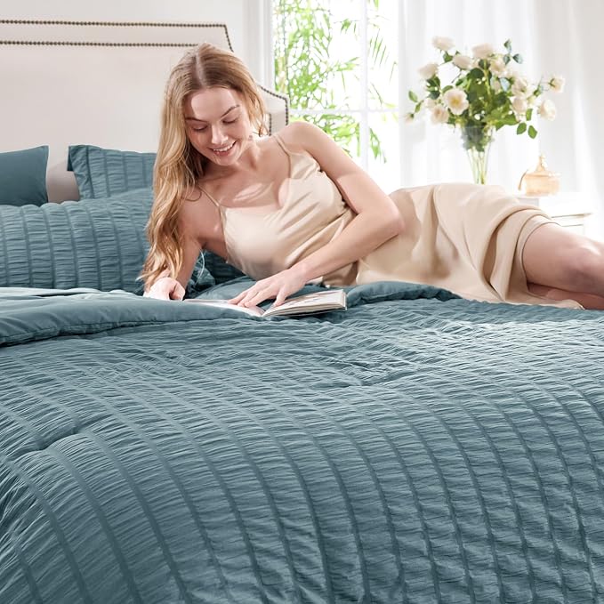CozyLux Queen Comforter Set Mineral Blue Seersucker 7 Pieces Bed in a Bag Queen - Image 3