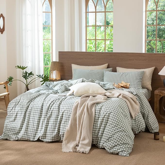 MooMee Gingham Duvet Cover Set 100% Washed Cotton Linen Like Textured - Image 9