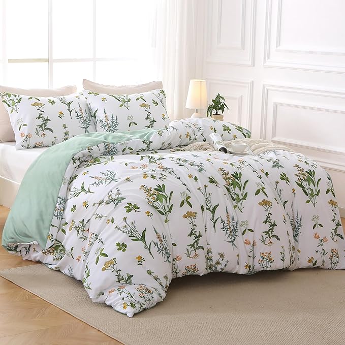 MUXHOMO Duvet Cover King Size, Reversible Floral Green Duvet Cover Set - Image 3