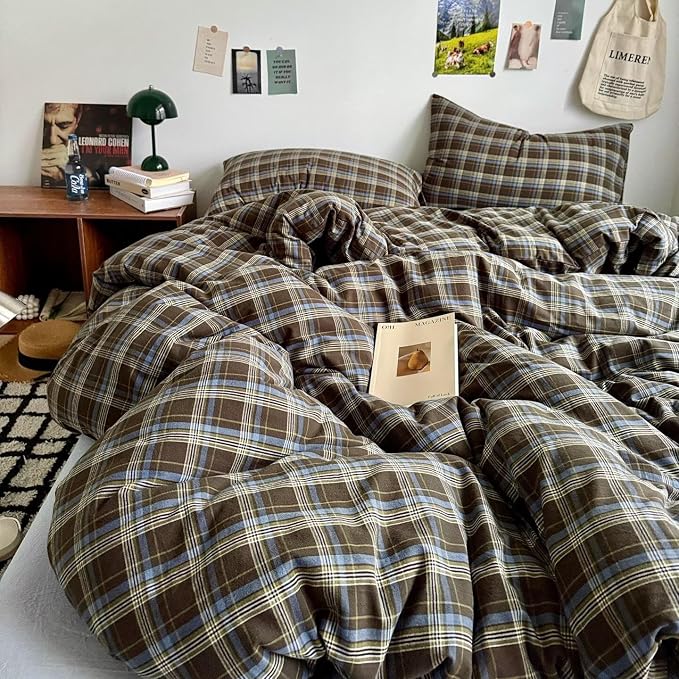 PinkMemory Brown Blue Gingham Buffalo Plaid Duvet Cover Queen 100% Washed - Image 4