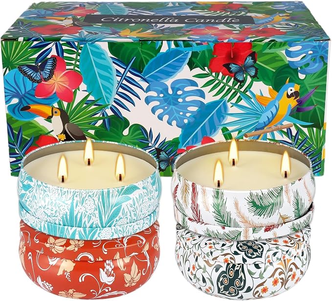 4-Pack Citronella Candle Set in Decorative Tropical Flower Tin Boxes - Image 2