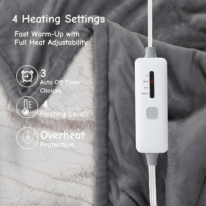 Electric Heated Blanket Throw 50"x60", Soft Flannel Sherpa Heating Throw - Image 4