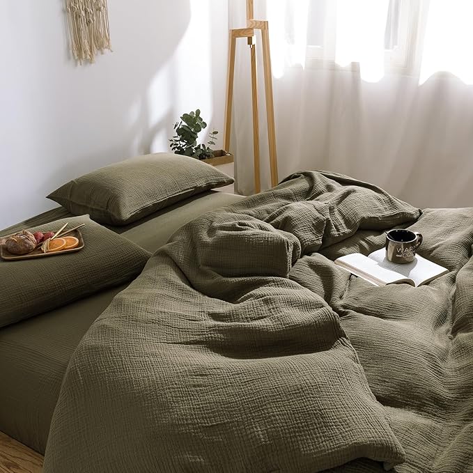 mixinni Olive Green Waffle Weave Duvet Cover Set Queen, 3-Piece 100% Natural by mixinni