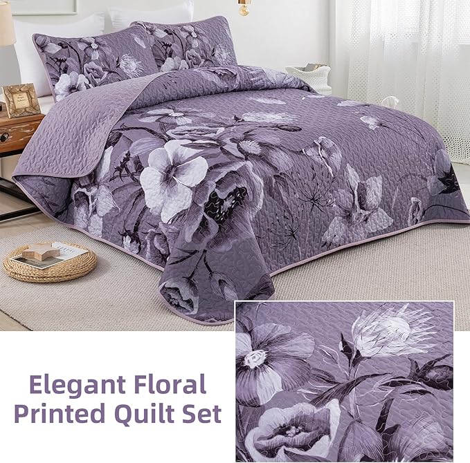 Floral Quilt Set King Size Bedding Set 3 Pieces Dark Purple Boho Floral Quilt - Image 4