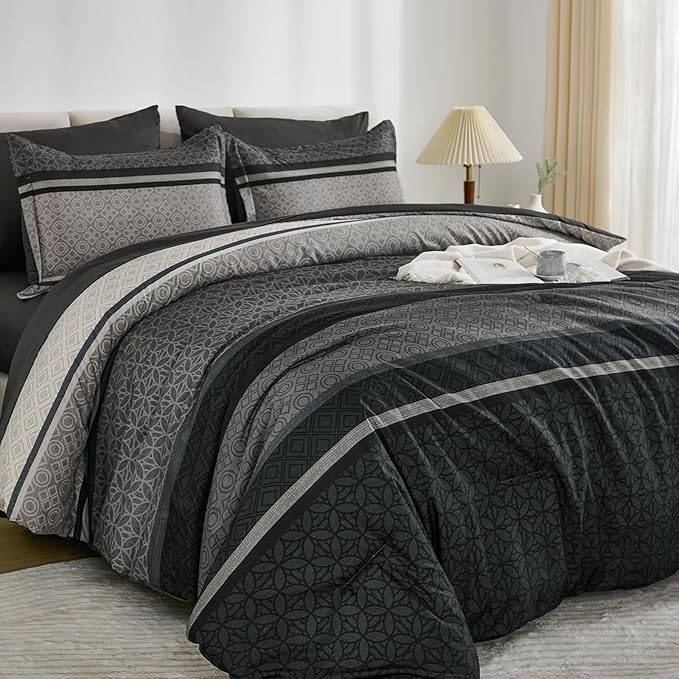 WONGS BEDDING 7 Pieces Comforter Set King Size, Dark Grey Black Striped Bed in - Image 3