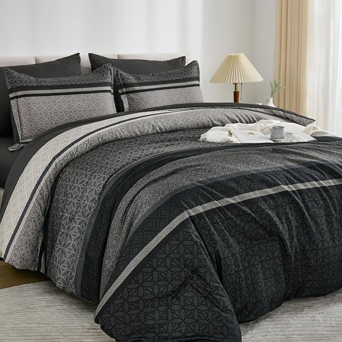 WONGS BEDDING 7 Pieces Comforter Set Queen Size, Dark Grey Black Striped Bed in - Image 3