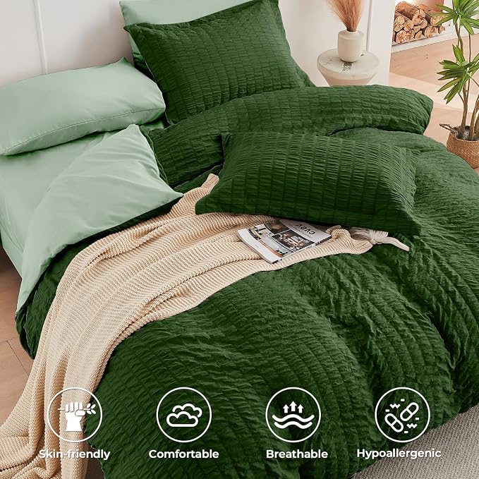 HYMOKEGE Dark Green/Sage Green King Size Comforter Set Seersucker 7 Pieces - Image 3