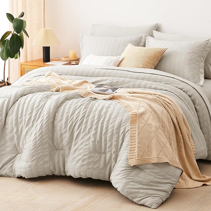 CozyLux Queen Comforter Set Beige Seersucker 7 Pieces Bed in a Bag Queen by CozyLux