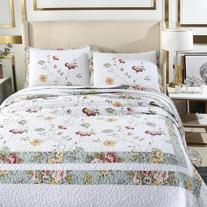 ROOMLIFE Quilt Set Full Size 3D Floral Embroidery Pattern 3-Piece Cotton - Image 4
