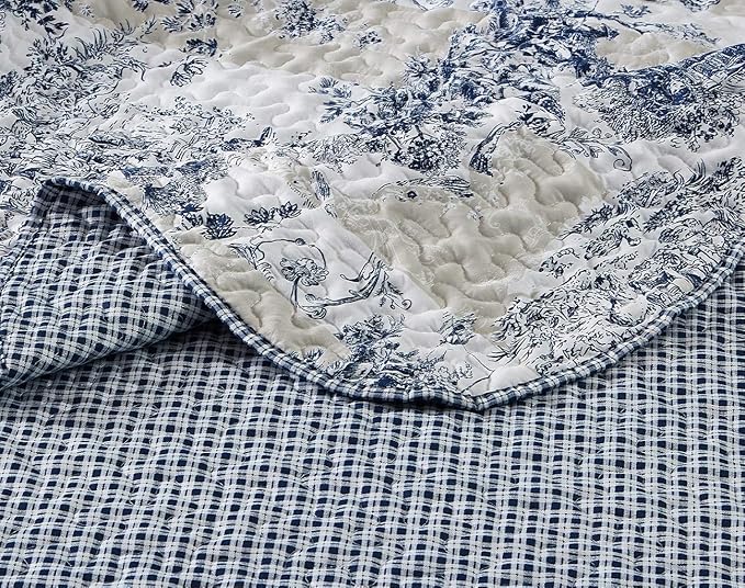 Brilliant Sunshine Blue Toile in Beige and Ivory Patches, 3-Piece Quilt Set - Image 6
