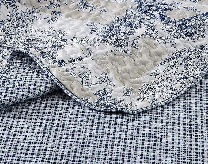 Brilliant Sunshine Blue Toile in Beige and Ivory Patches, 2-Piece Quilt Set - Image 6