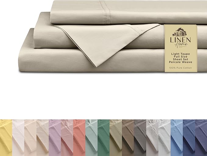 Linen Home 100% Cotton Percale Sheets Full Size, Light Taupe, Deep Pocket by LINENHOME