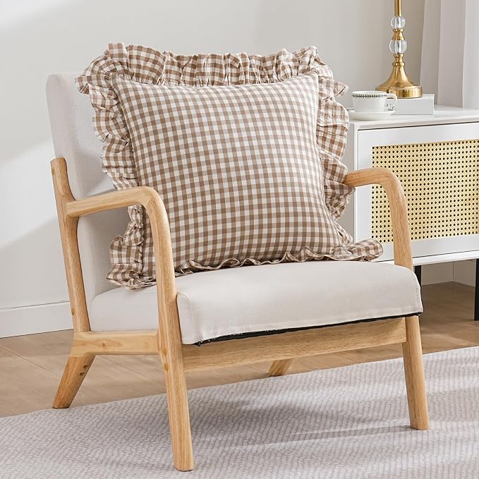 2 Pack Taupe/Brown Plaid Ruffle Throw Pillow Covers Farmhouse Checkered Chic - Image 3