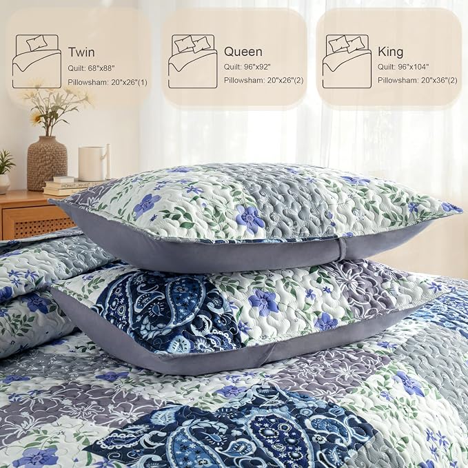 Whale Flotilla Patchwork Quilt King Size, Soft Boho Floral Bedspreads - Image 5