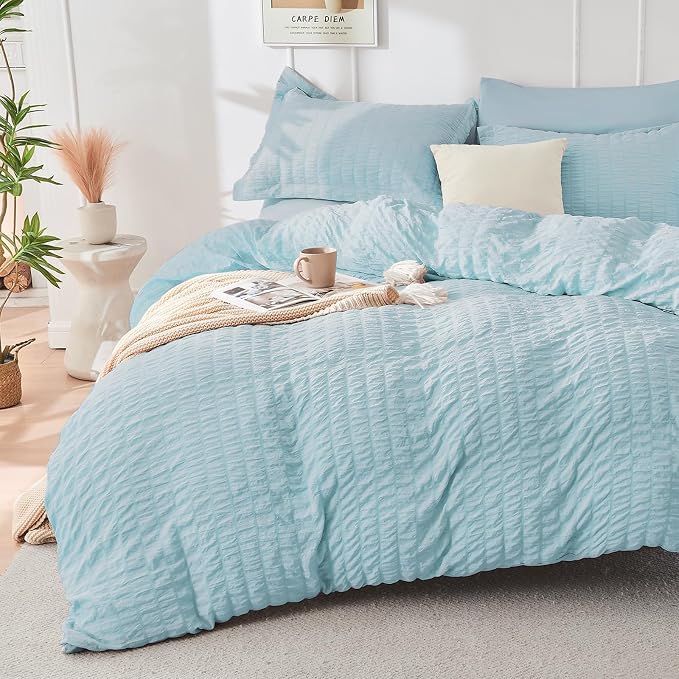 HYMOKEGE Lake Blue King Size Comforter Set Seersucker 7 Pieces, All Season - Image 2