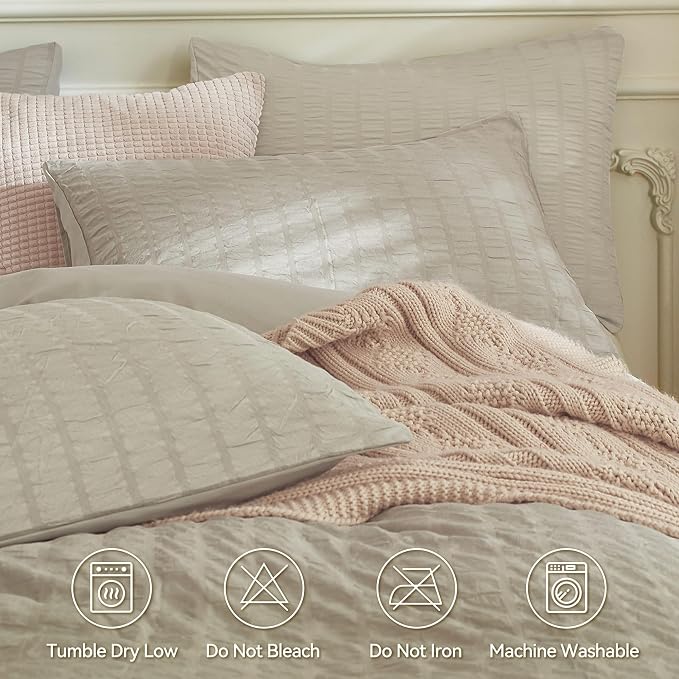 JELLYMONI Light Khaki Duvet Cover Full Size, Soft Breathable Seersucker Duvet - Image 4
