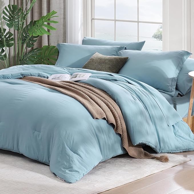 WRENSONG Full Size Comforter Sets- 7 Pieces Soft Blue Bed in a Bag - Image 2