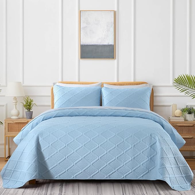 Yiran Ash Blue Quilt Set Queen Size, 3 Piece Reversible Bedspreads Bedding Set - Image 2