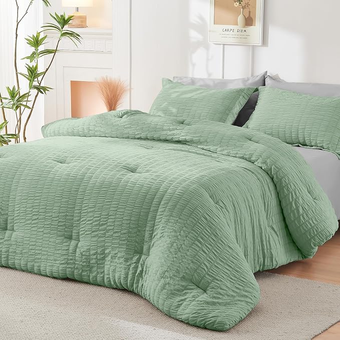 HYMOKEGE Sage Green/Light Grey King Size Comforter Set Seersucker 7 Pieces - Image 8