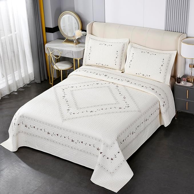 ROOMLIFE Quilt Set Full Size 3D Floral Embroidery Pattern 3-Piece Cotton by ROOMLIFE