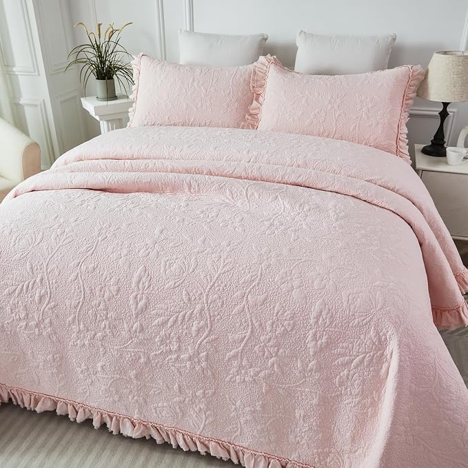 Brandream Queen Size Quilt Set Cotton Light Pink Quilts Shabby Chic Bedding - Image 3