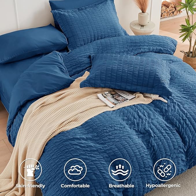 HYMOKEGE Teal Duvet Cover King Size, Ultra Soft 3-Piece Seersucker Duvet Cover - Image 2