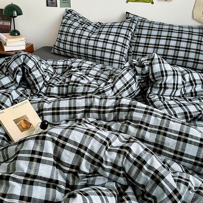 mixinni Vintage Grey & Pale Blue Buffalo Plaid Duvet Cover Set Twin Size - Image 3