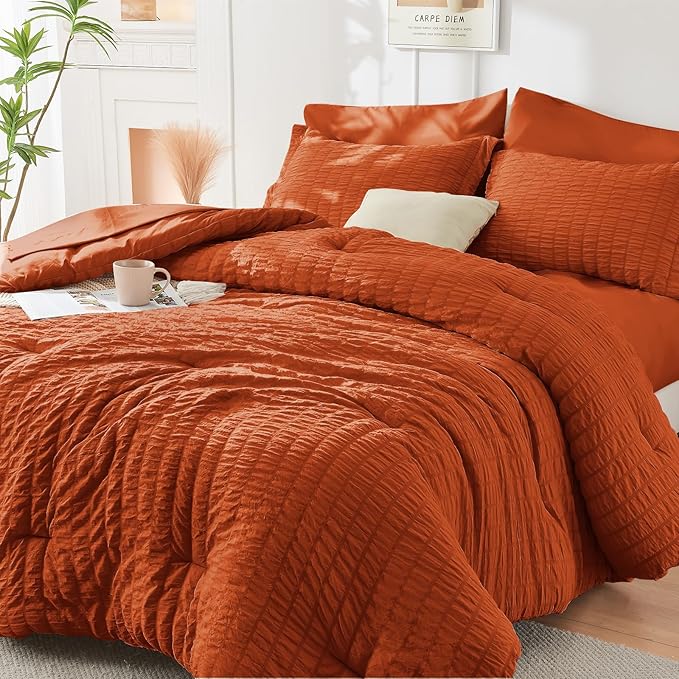 HYMOKEGE Burnt Orange Twin Comforter Set Seersucker 5 Pieces, All Season Luxury by HYMOKEGE