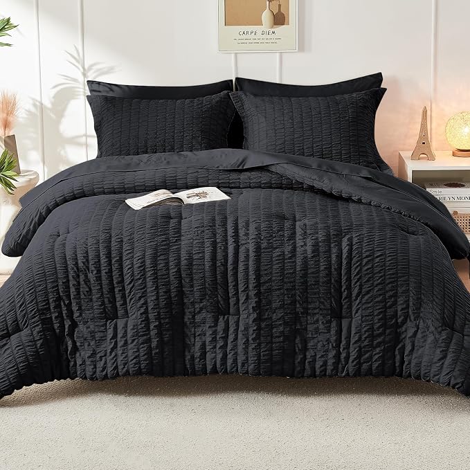 HYMOKEGE Black Oversized King Comforter Set Seersucker 7 Pieces, All Season - Image 9