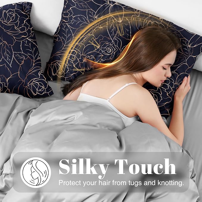 EXQ Home Satin Pillowcase for Hair and Skin- Rose on Blue Silk Pillowcase 2 - Image 3