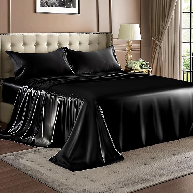 BEDELITE Satin Sheets Queen Size Bed Set, Luxury Soft Black Silky Sheets - Image 8