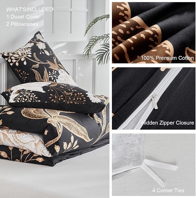 mixinni Black Floral Duvet Cover Full Size, 3 Pieces Garden Style Botanical - Image 6