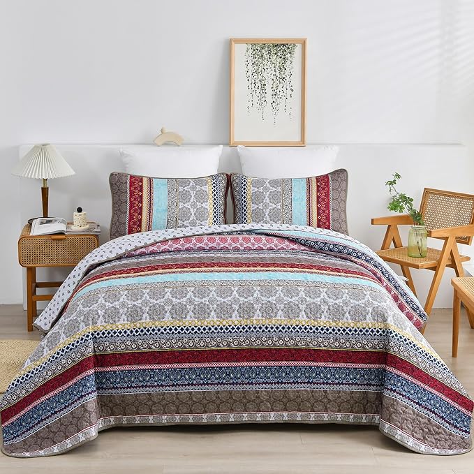 WONGS BEDDING Boho Quilt Set Queen Size, Lightweight Microfiber Bedspread - Image 2